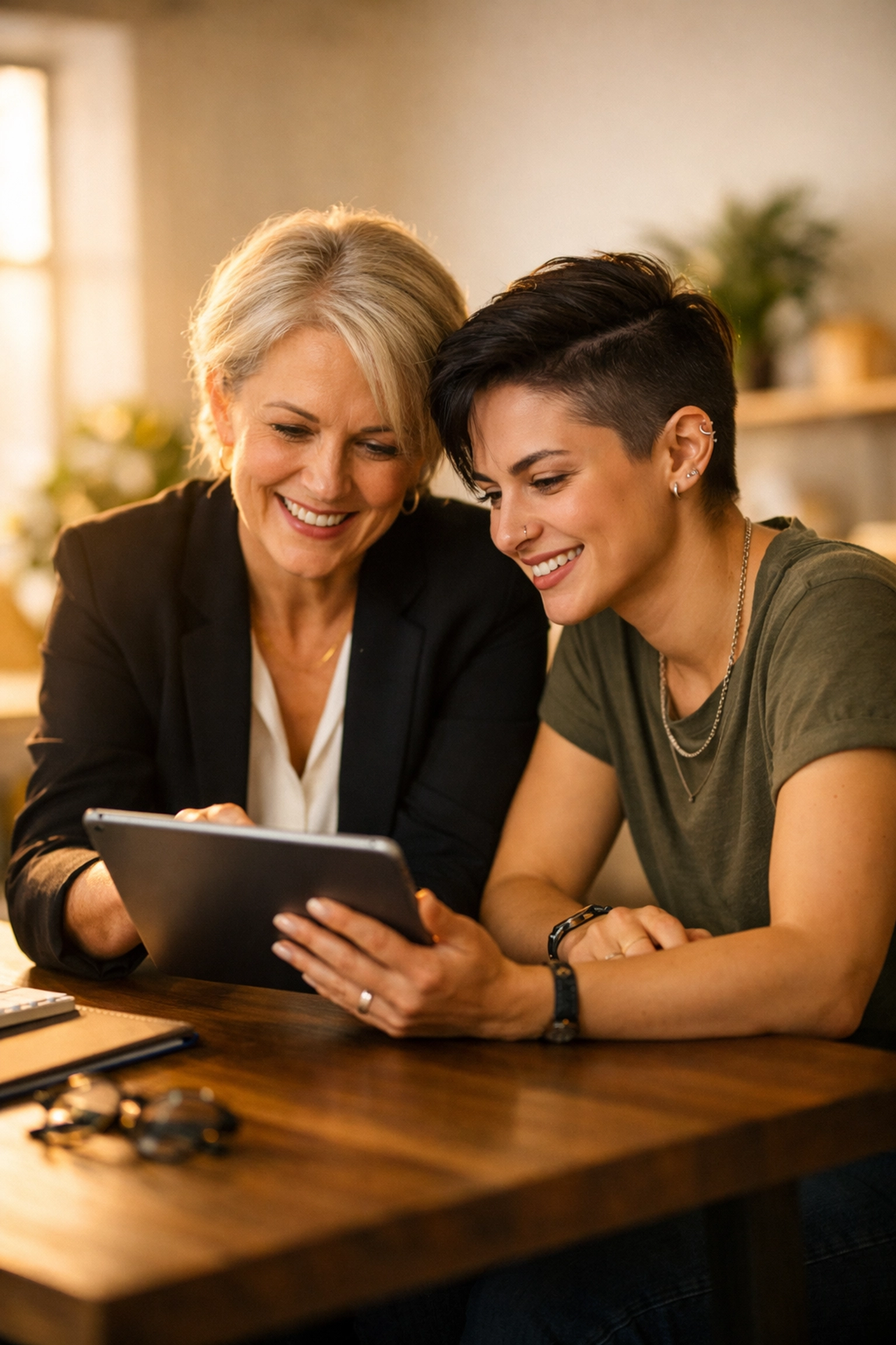 Professional lesbian mentor and young mentee collaborating on career goals in a bright, creative studio.