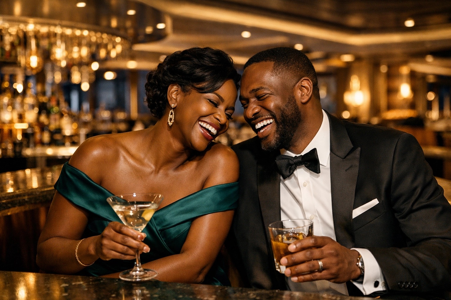 Couple at an upscale ship lounge booked by a Lifestyle Cruises travel agent.