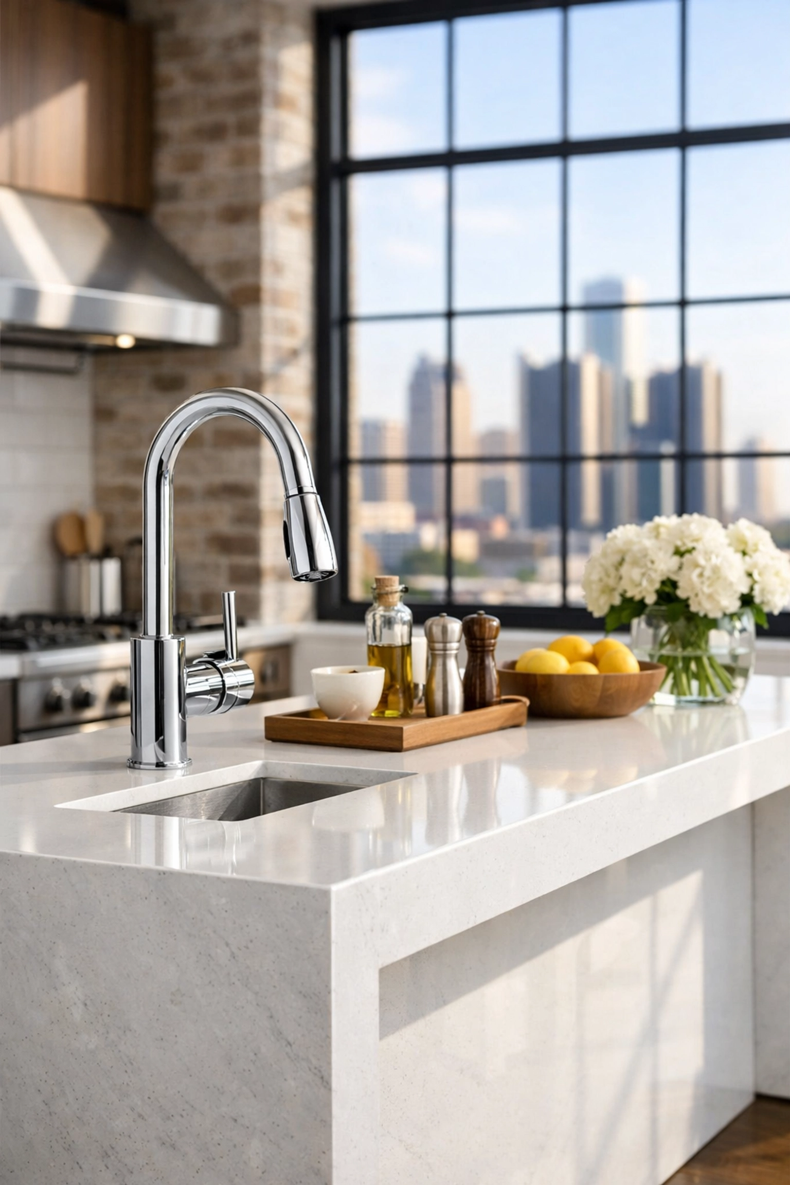 Pristine market-ready kitchen in a Detroit loft showing professional property turnover cleaning results.