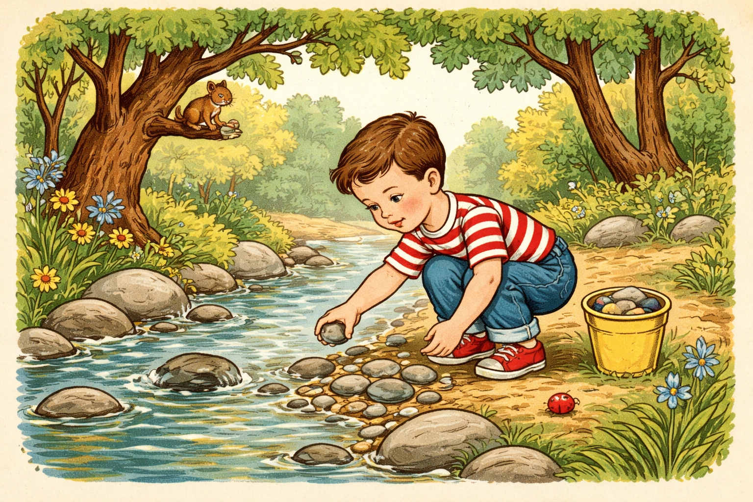 Child searching for smooth stones by a creek for creative outdoor rock painting fun