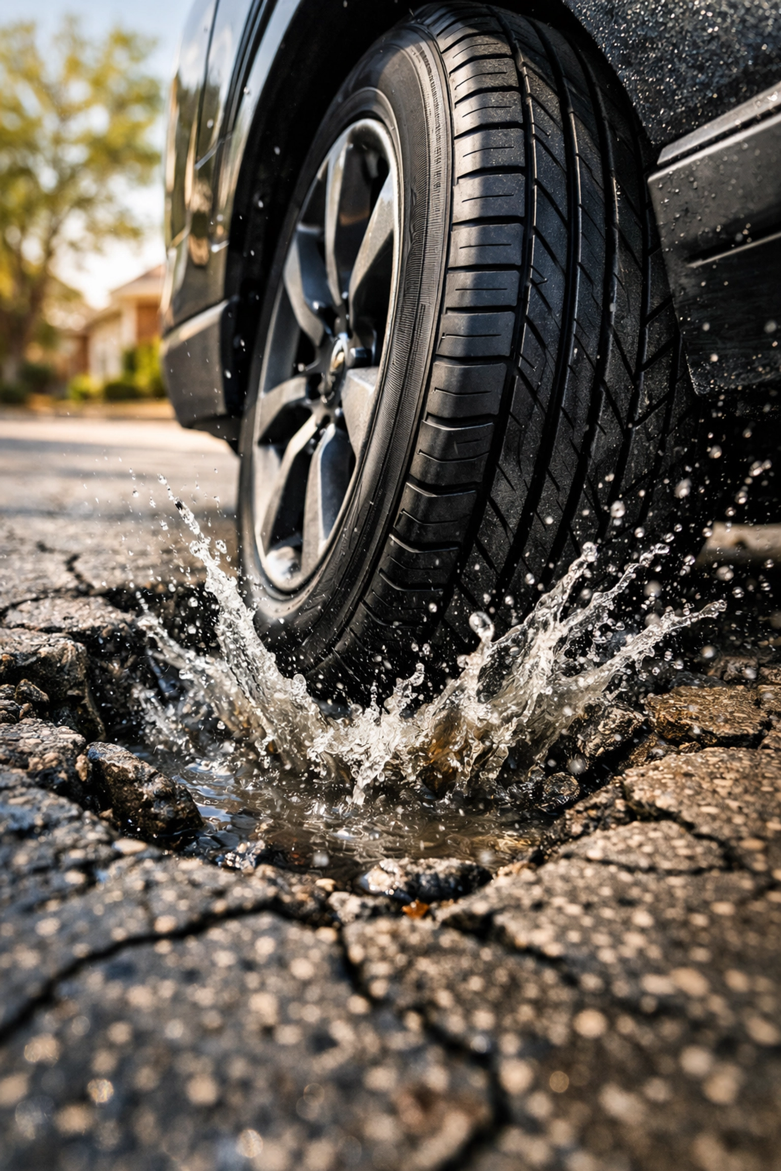 Car tire hitting a jagged pothole on a Boise road, illustrating the need for suspension service.