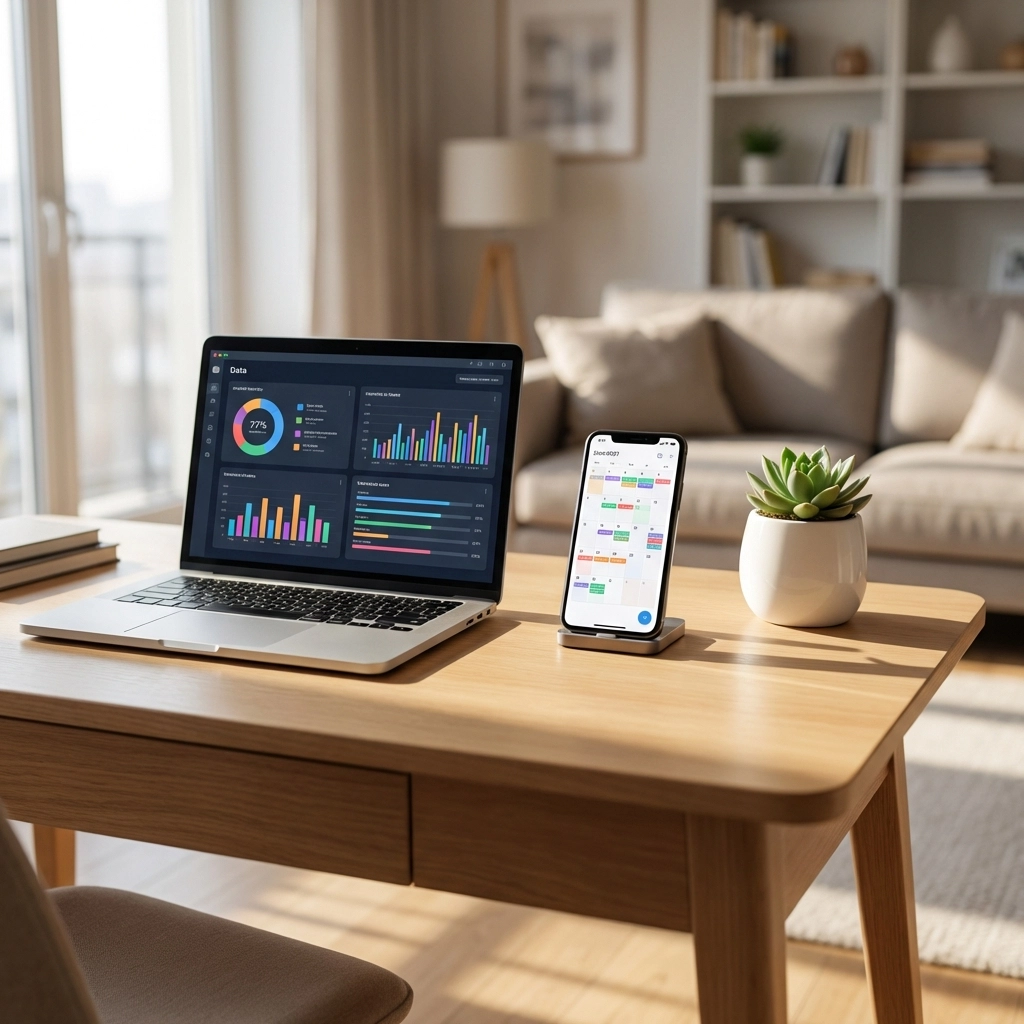Modern home office with laptop showing digital bookkeeping charts for UK sole trader reporting changes