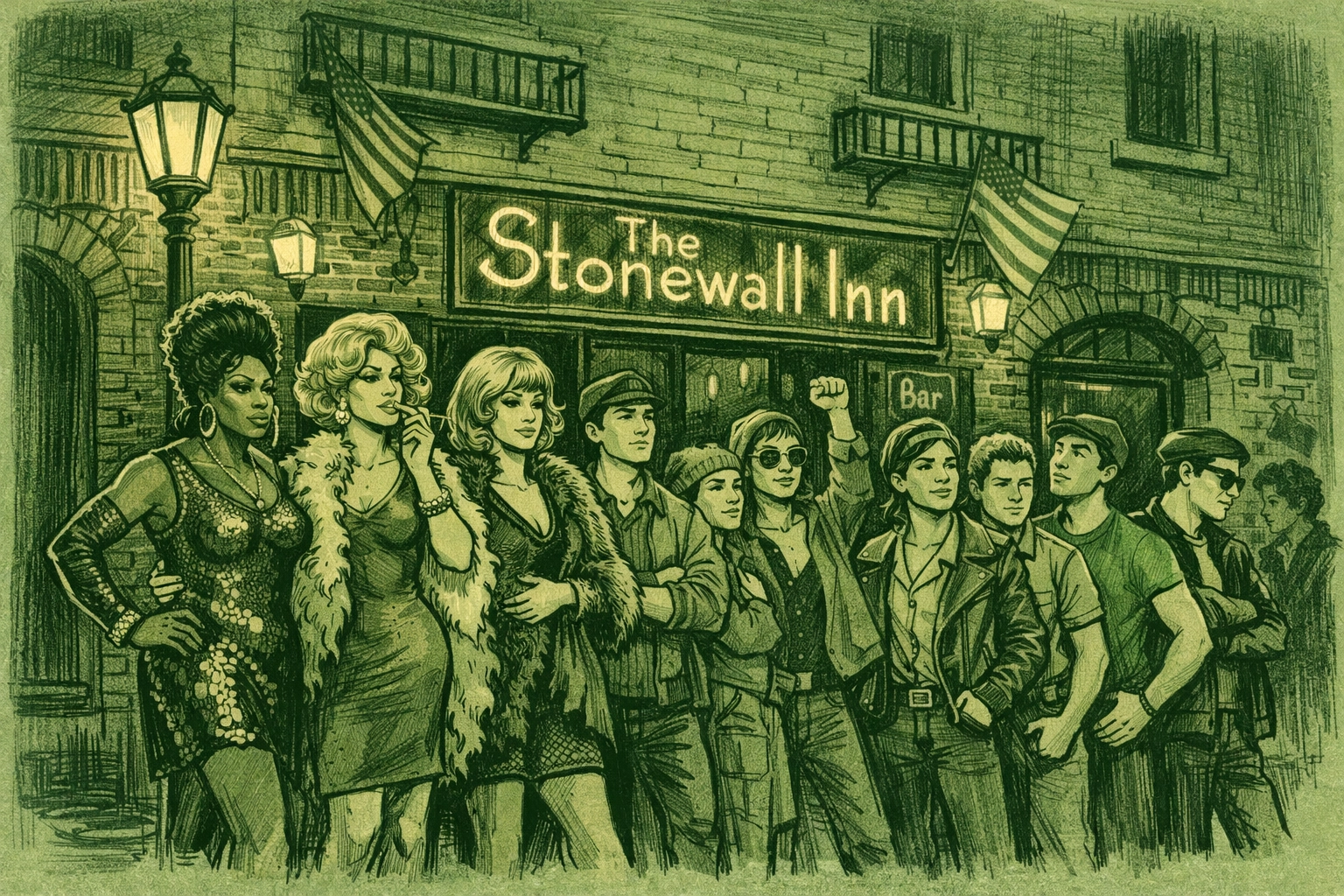 Stonewall Inn 1969 with drag queens and LGBTQ+ activists in solidarity during the uprising