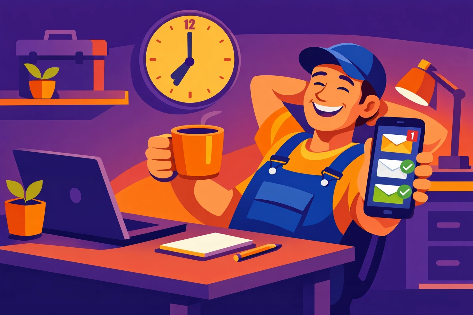 Handwerker nutzt KI-gestützte E-Mail-Automatisierung für effiziente Büroarbeit am Morgen