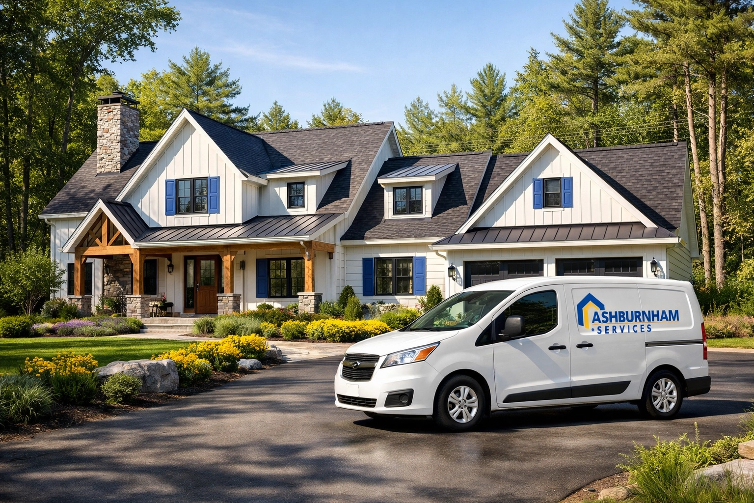 Professional cleaners Ashburnham MA service vehicle parked outside a clean modern farmhouse in a wooded area.