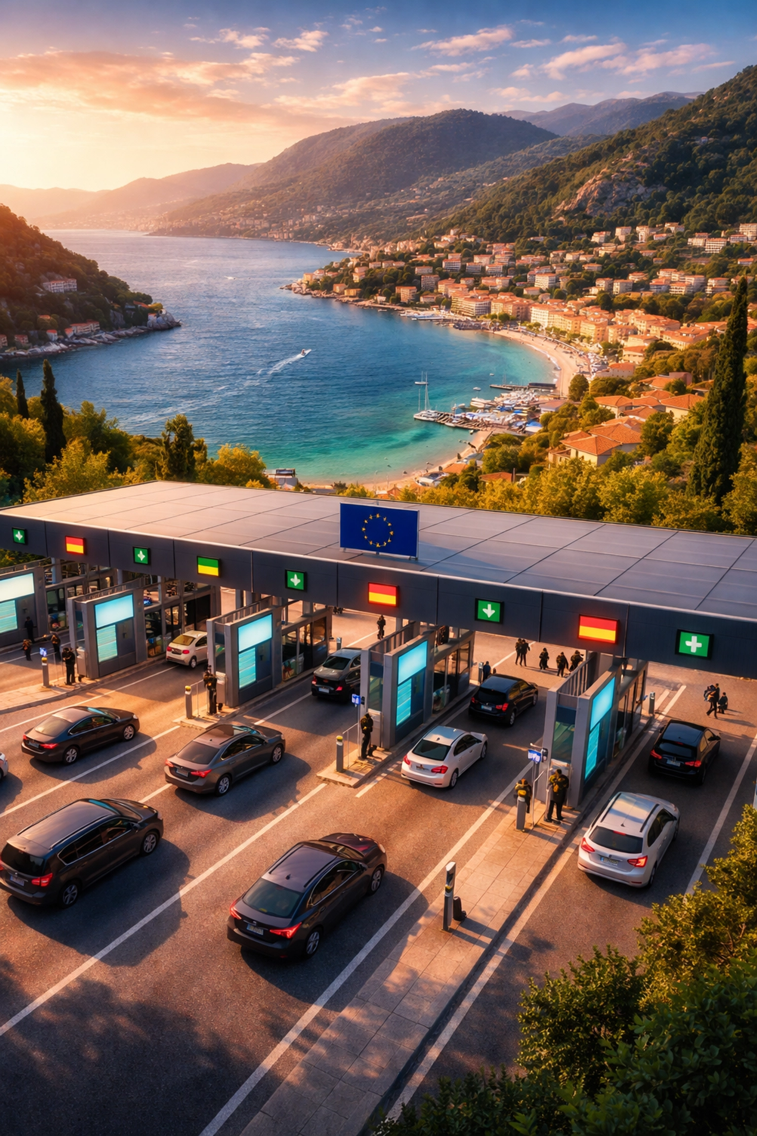 Aerial view of European coastal border crossing and modern checkpoint, showcasing smooth entry process under EES and ETIAS systems