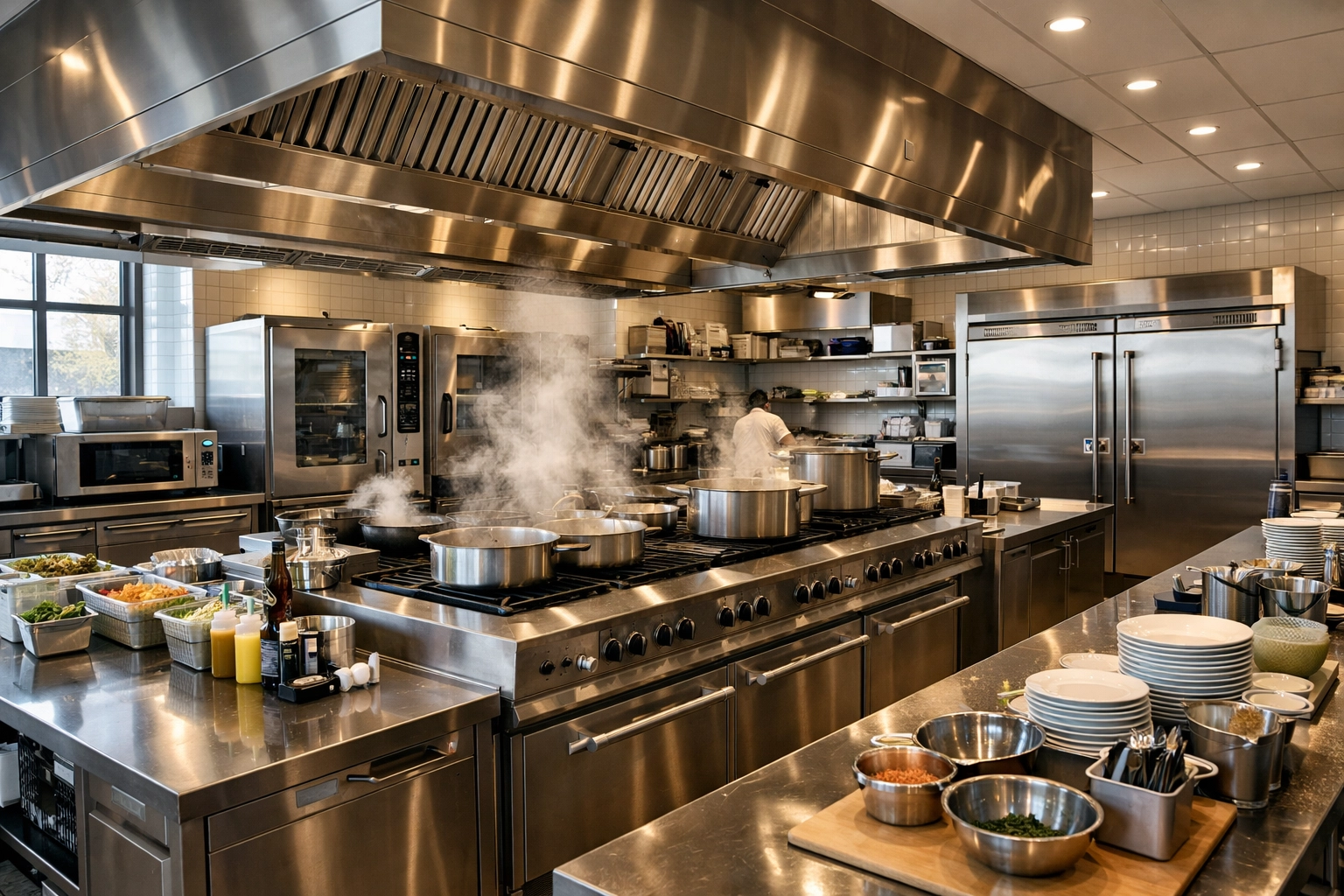 Commercial restaurant kitchen with stainless steel equipment and industrial refrigeration