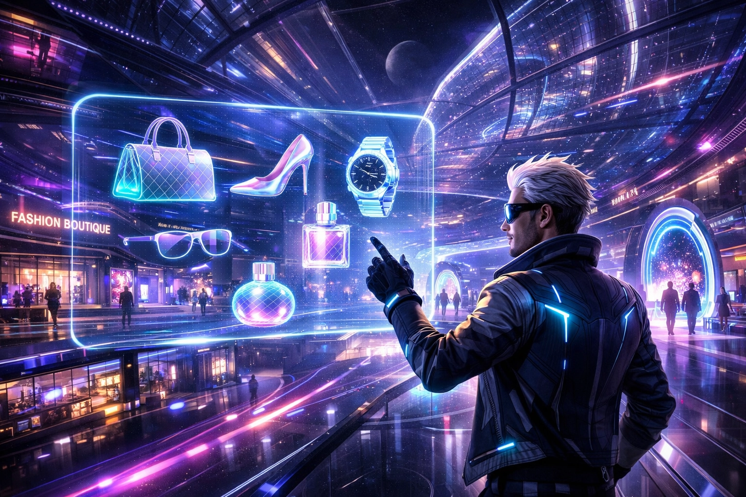 Futuristic Metaverse shopping district with digital avatars exploring immersive Web3 storefronts.