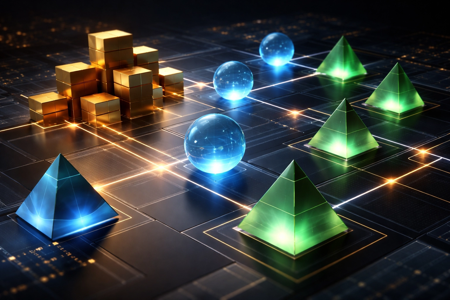 Abstract visualization of diversified investment portfolio strategies with interconnected asset classes for accredited investors