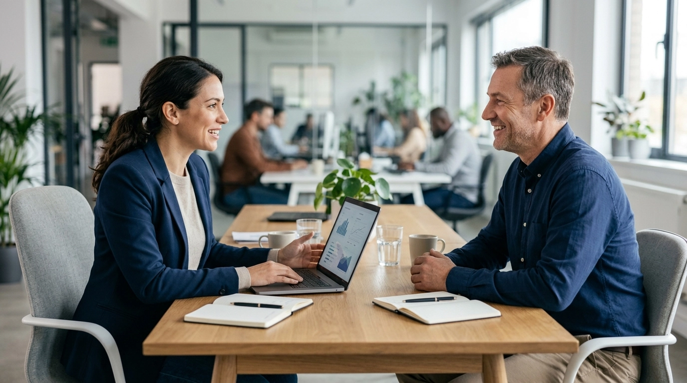 Friendly IT consultation between a business owner and support professional