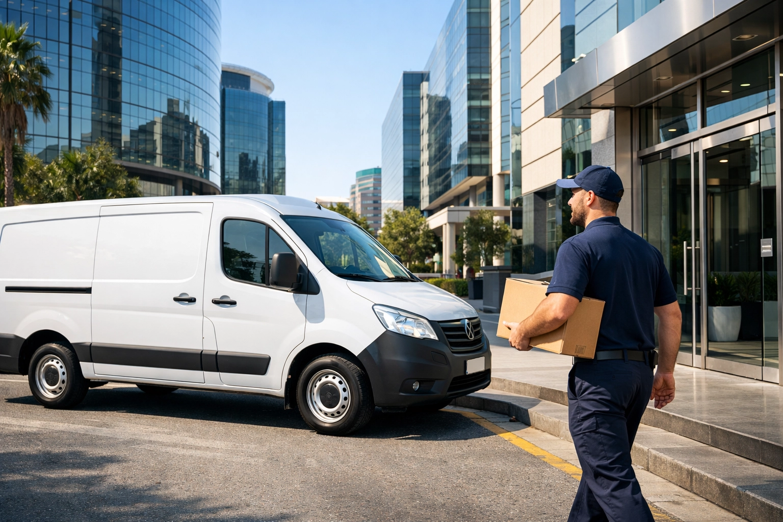 Professional courier delivering a parcel to a South African business office in Sandton