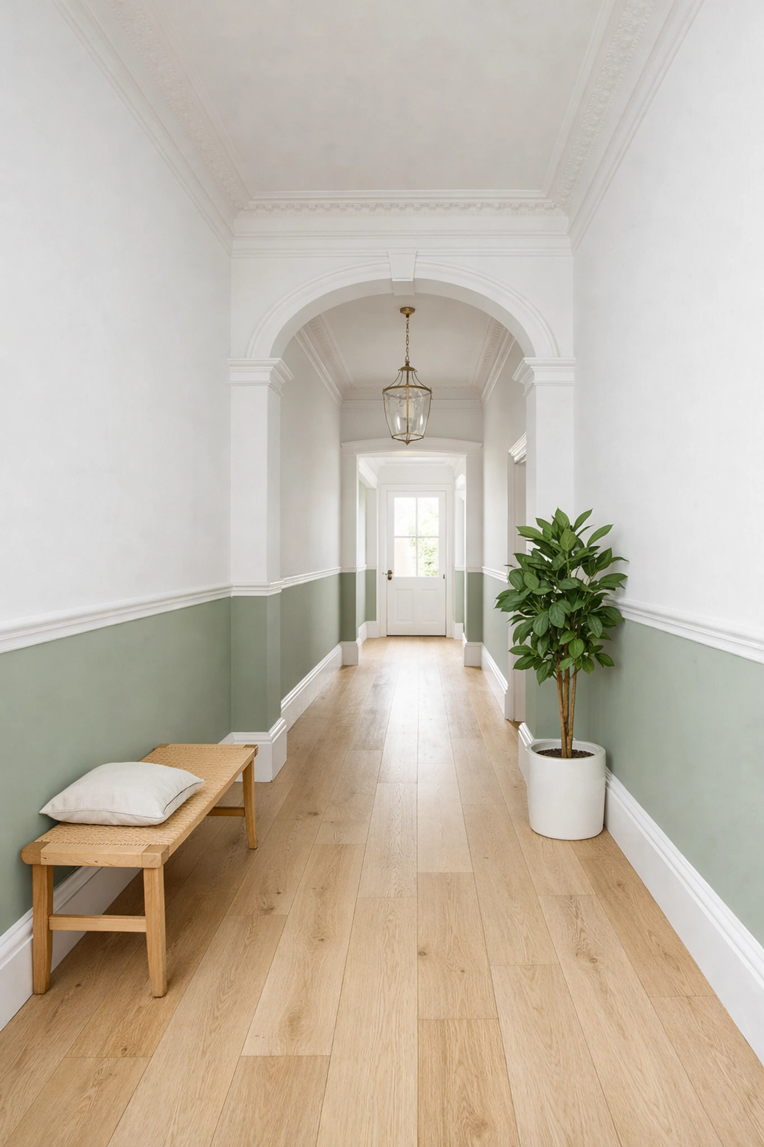 Period hallway in Cheltenham featuring sage green and white two-tone walls for a classic look.