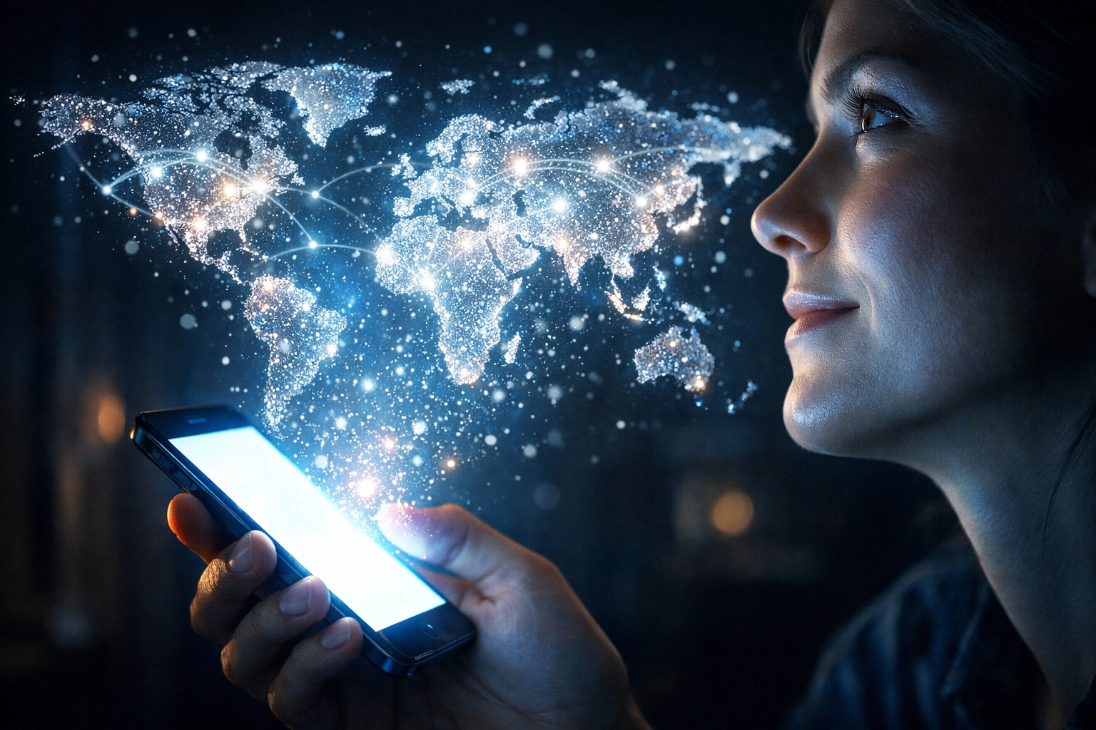 A glowing smartphone displaying a world map of light, representing the global reach of the Gospel online.