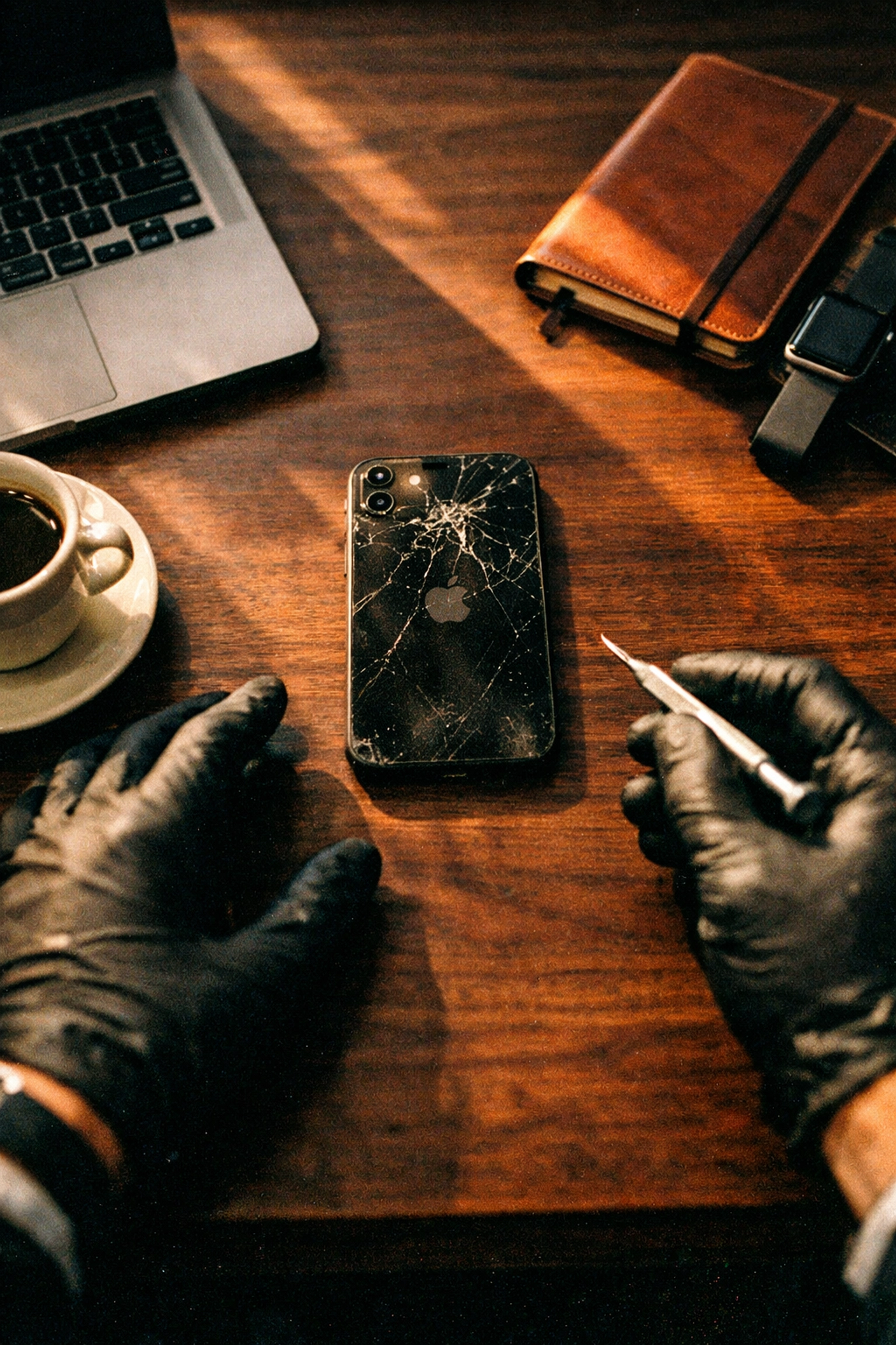 Mobile iPhone repair technician fixing cracked screen at office desk in NYC