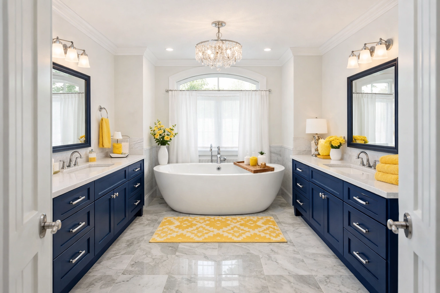 Professionally cleaned master bathroom suite with a soaking tub and blue vanities in Acton, MA.