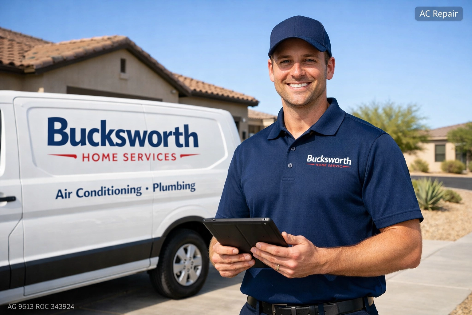 Bucksworth Home Services technician providing professional AC repair in a Surprise AZ neighborhood.