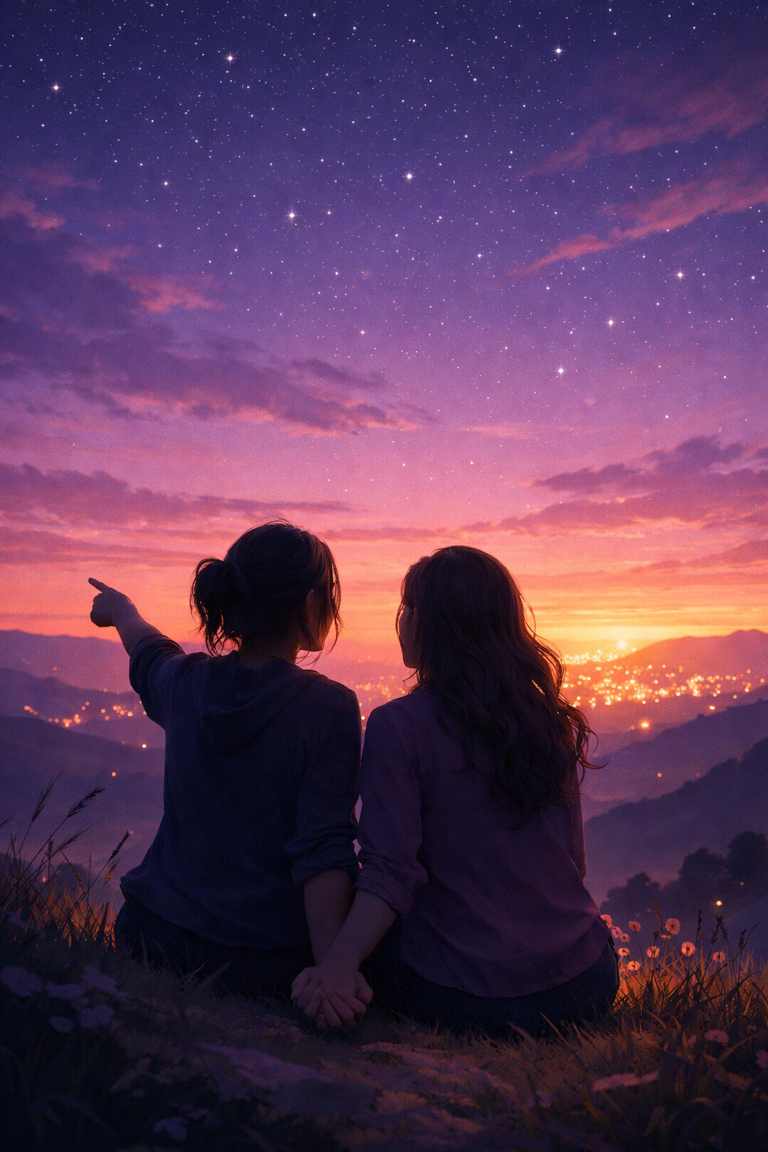 A lesbian couple looks toward a city horizon at dusk, planning a future of queer joy and mutual respect.