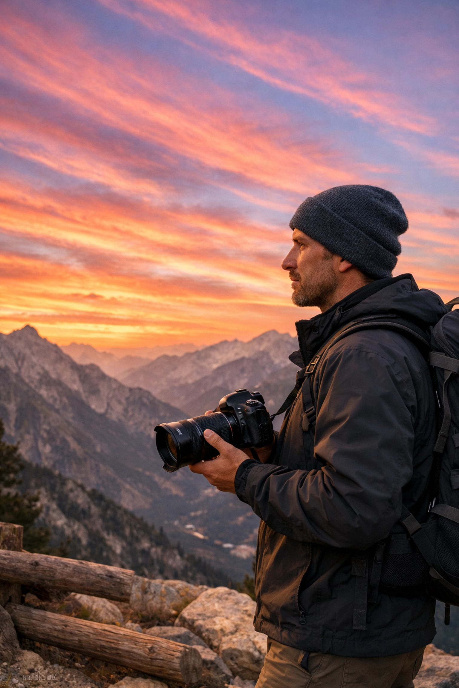 A photographer at a scenic mountain overlook during sunset, capturing top travel photography spots.