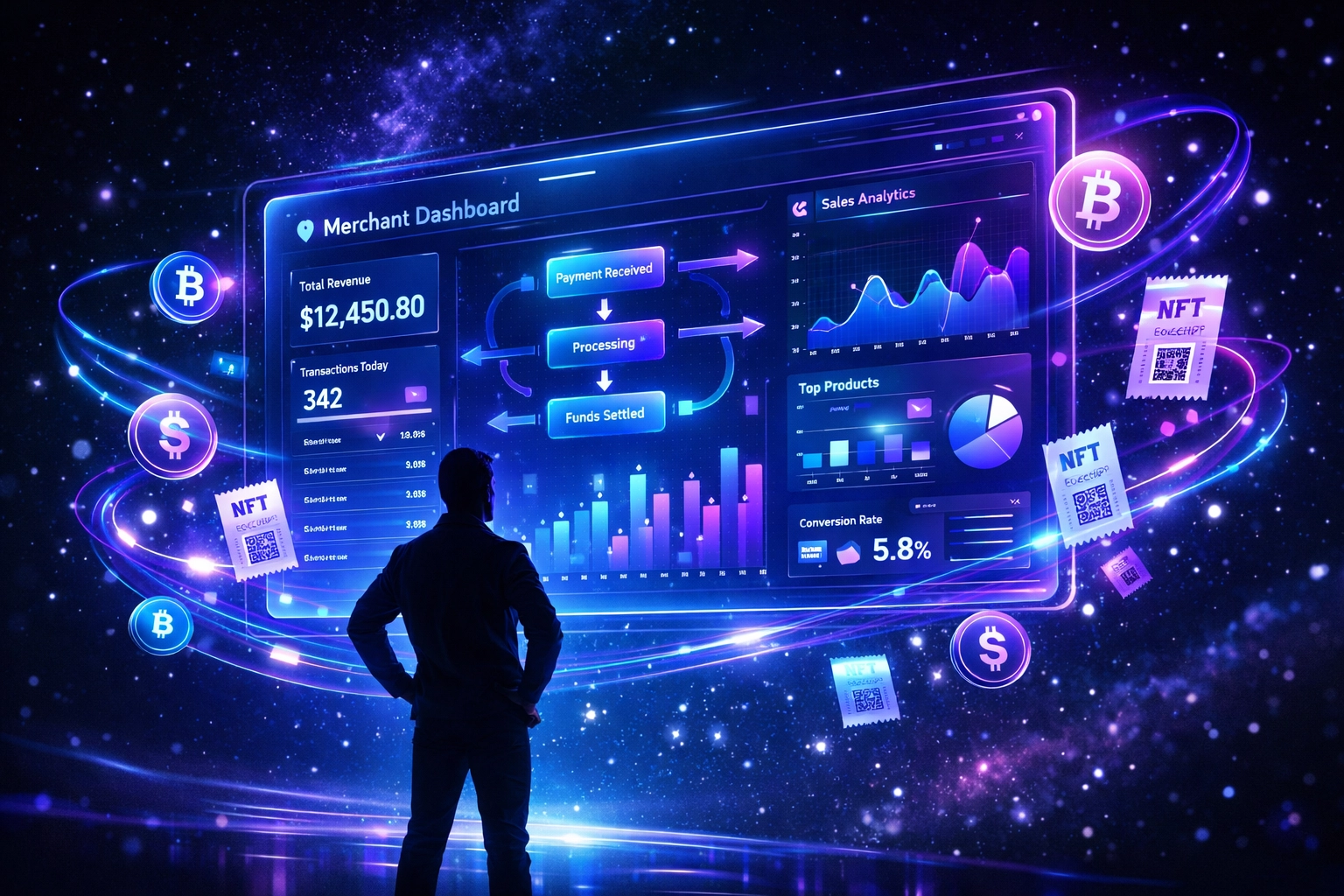 Crypto merchant dashboard showing real-time payment analytics and transaction data