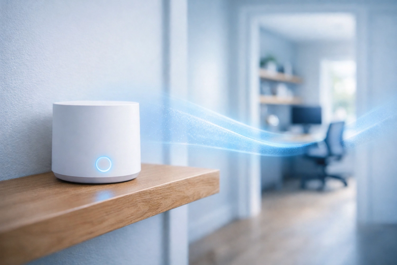Strategic placement of a mesh Wi-Fi unit on a hallway shelf for seamless whole-home coverage.