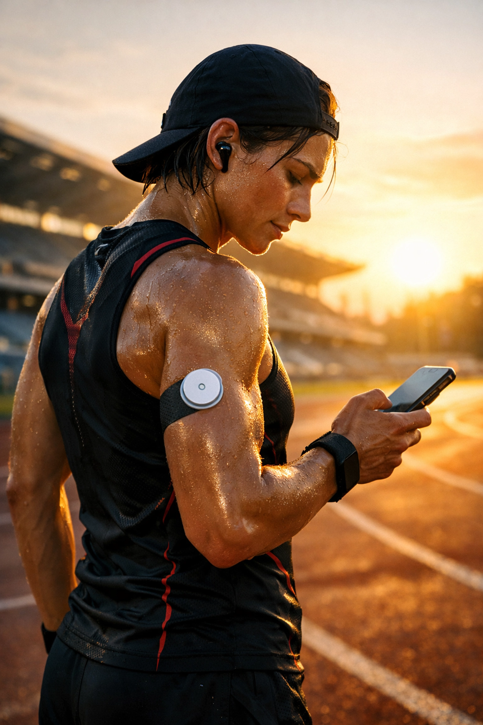Fitness enthusiast monitoring real-time glucose data on a smartphone during a workout.