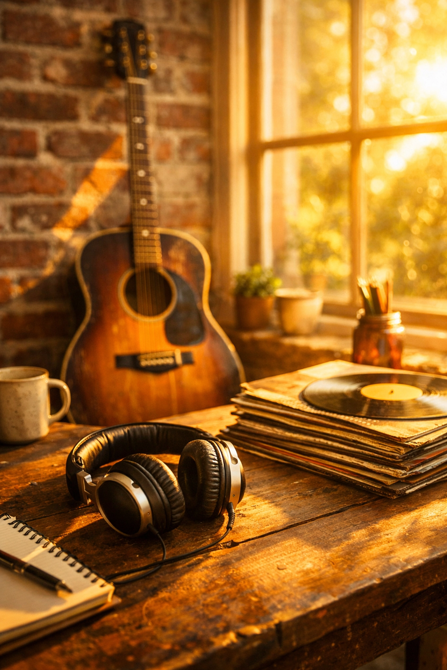 Acoustic guitar and vinyl records in a sunlit studio, perfect for summer music festival vibes.