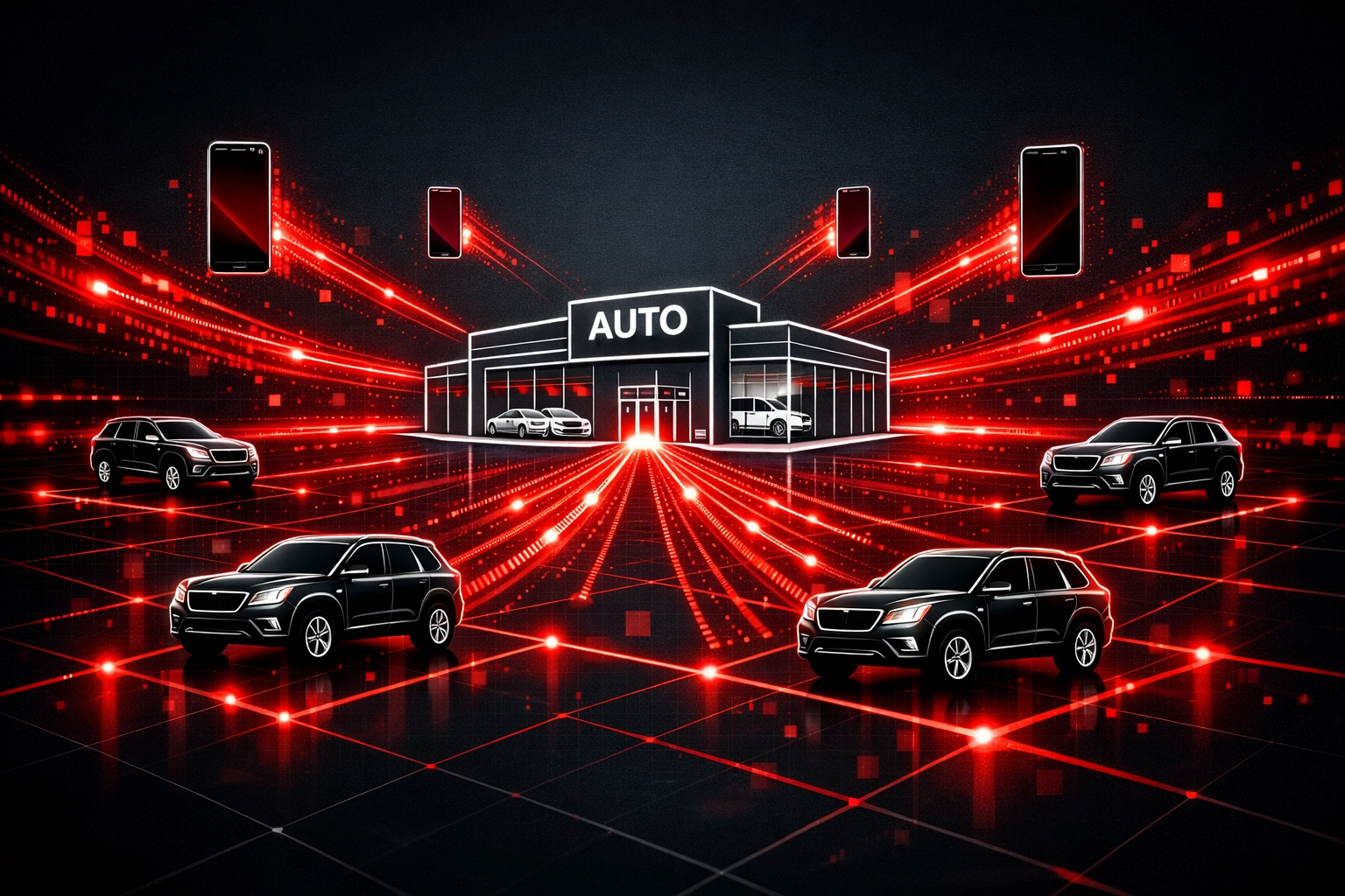 High-tech illustration of a Toyota dealership using AI digital outreach to connect with customers regarding recalls.