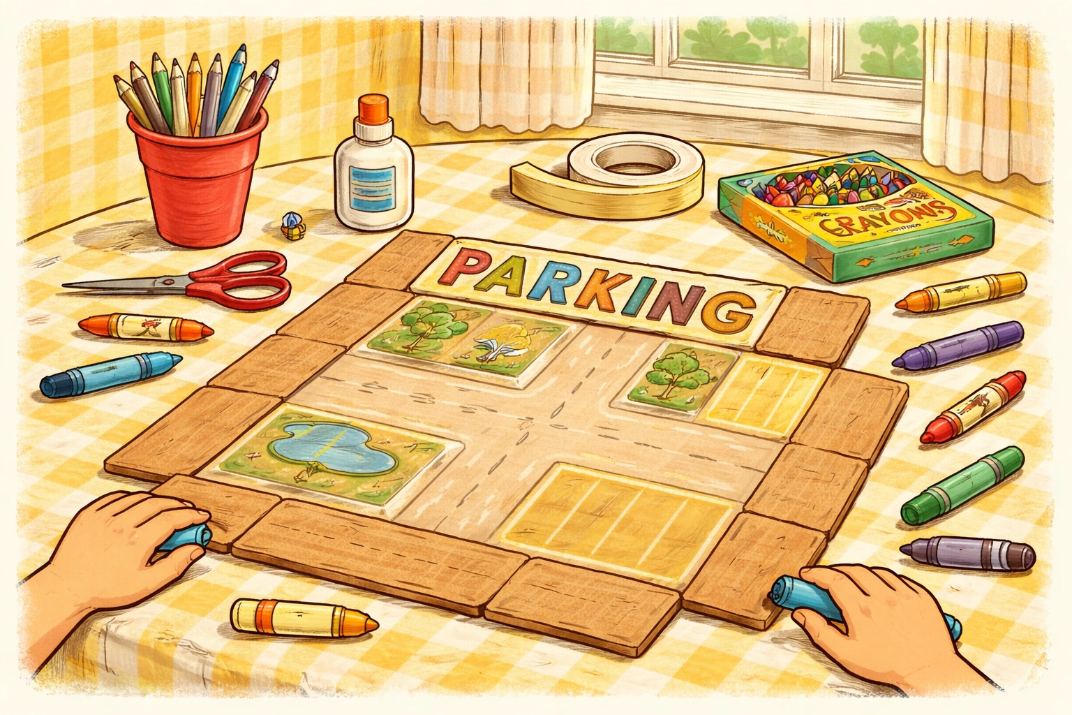 Cardboard parking lot base with crayons and markers on a kitchen table for kids' counting game craft