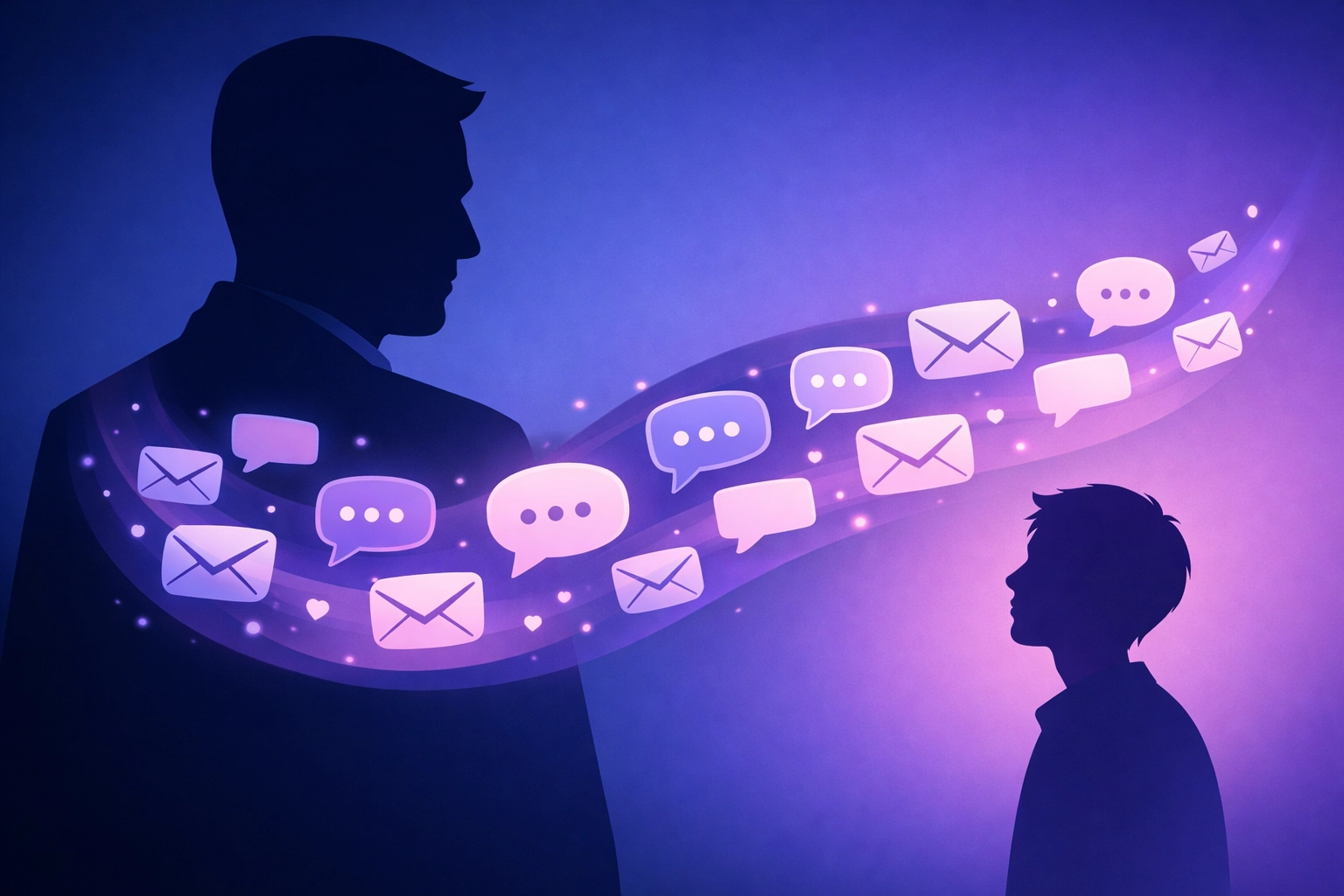 Illustration representing teacher grooming of male students through digital messages and manipulation.