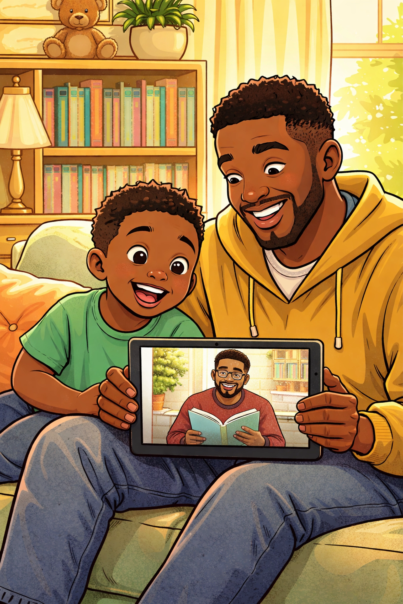 Father and son enjoying a Read With Me literacy video together at home in St. Pete