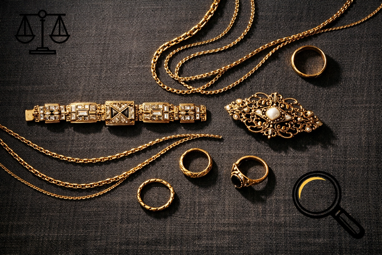 Vintage gold jewelry collection featuring Art Deco bracelet, Victorian brooch, and antique rings