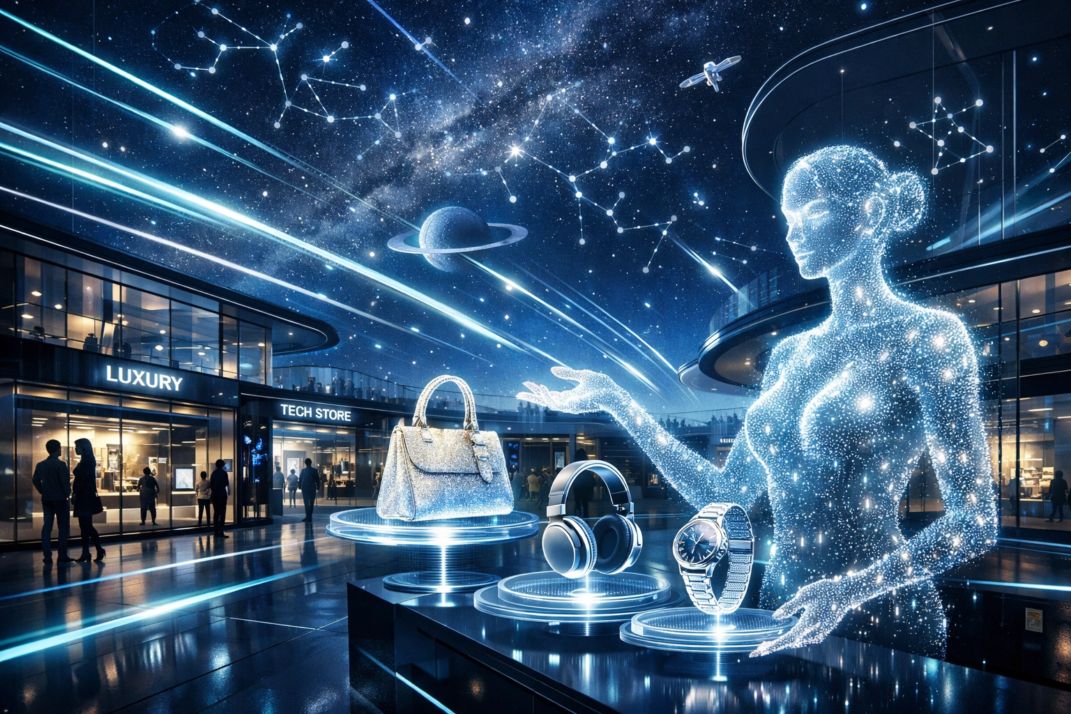 Futuristic metaverse shopping plaza featuring a digital assistant for seamless Web3 global payments.