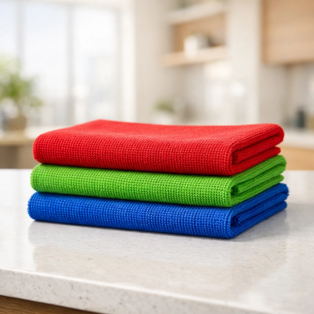 BICS colour-coded microfibre cloths in red, green, and blue for professional commercial cleaning in Norwich.