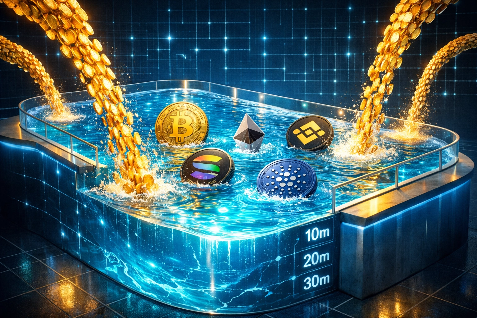 Growing crypto liquidity pool with continuous token contributions for price stability