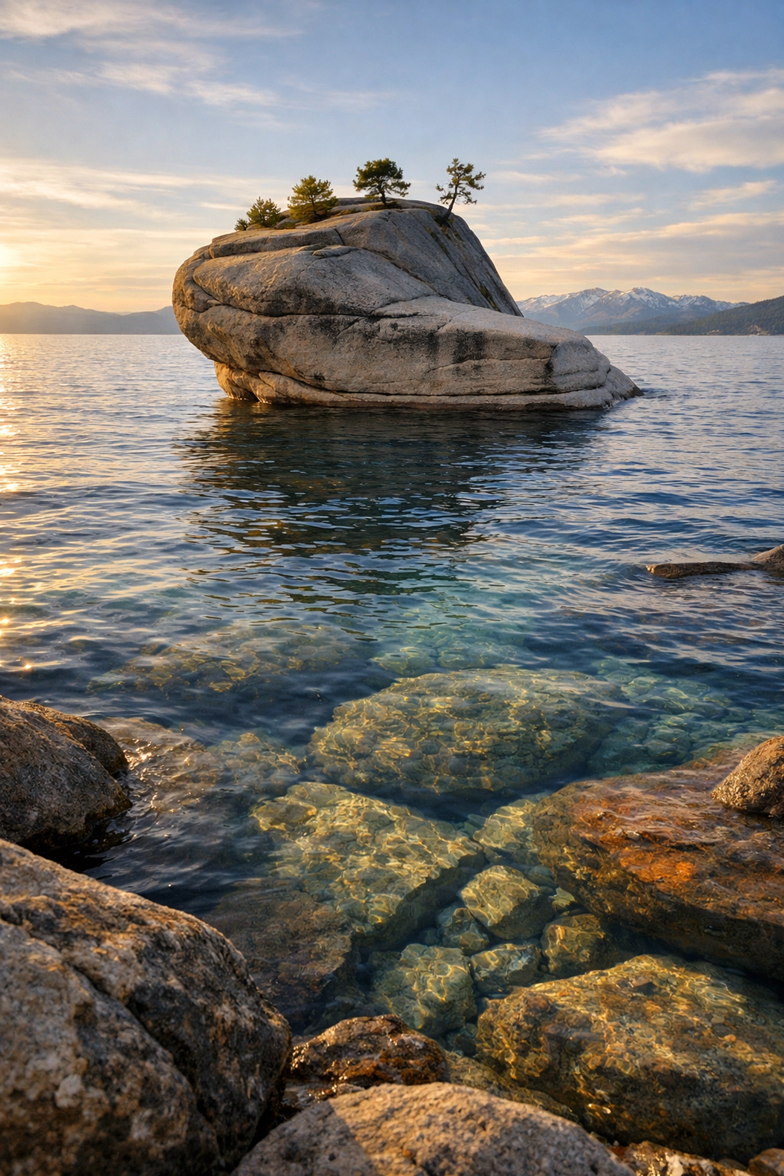 Bonsai Rock at sunset featuring clear water and granite, an iconic Lake Tahoe photography location.