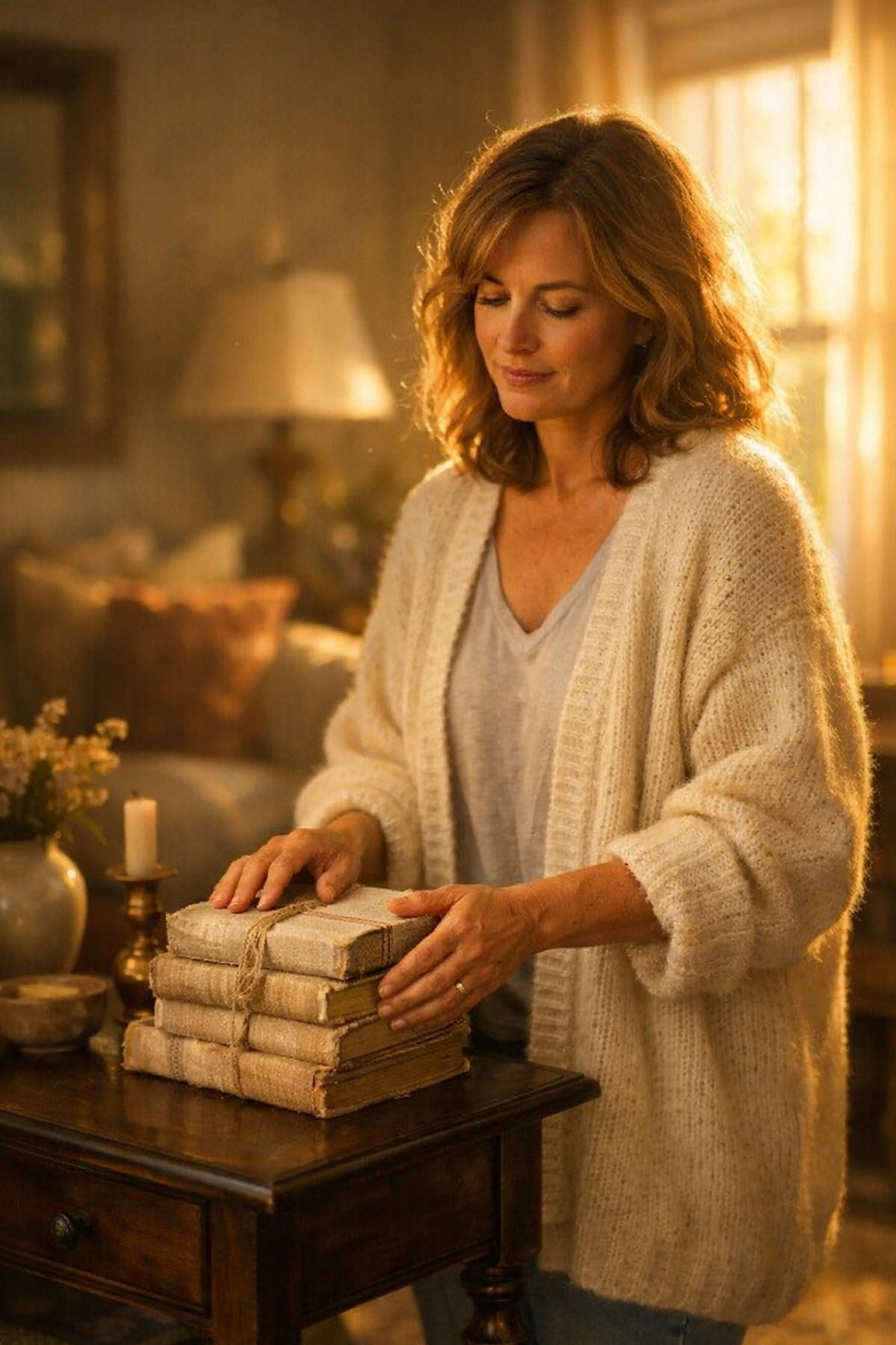Woman in her 40s thoughtfully arranging books, reflecting on setting high standards without disappointment.