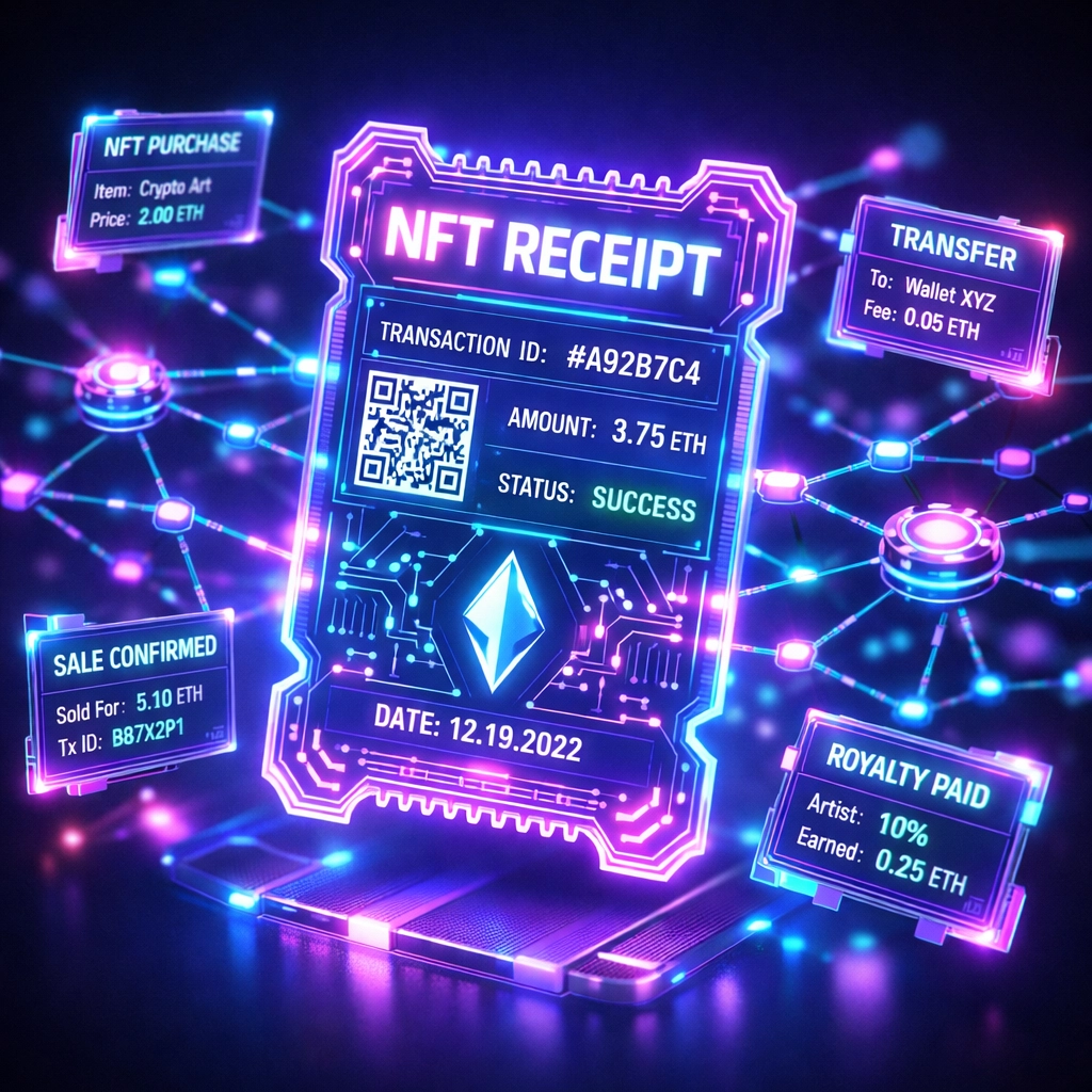 NFT receipt with blockchain verification showing programmable transaction records