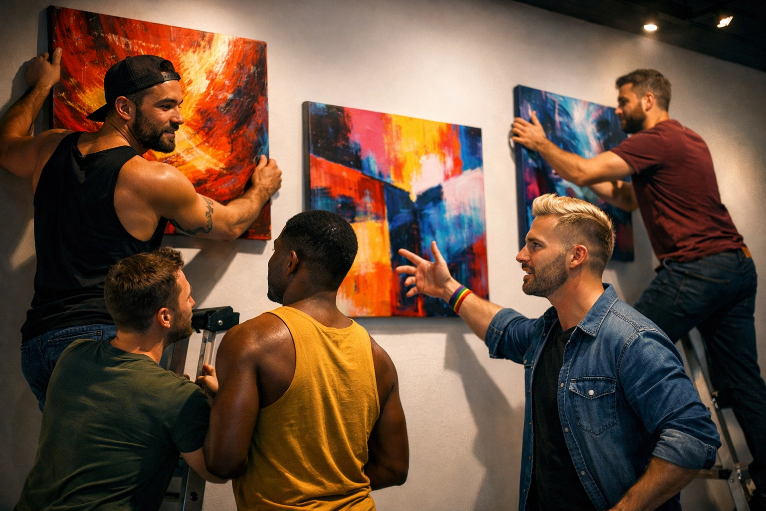 Gay and bisexual men collaborating to set up a vibrant community art gallery and queer activism project.