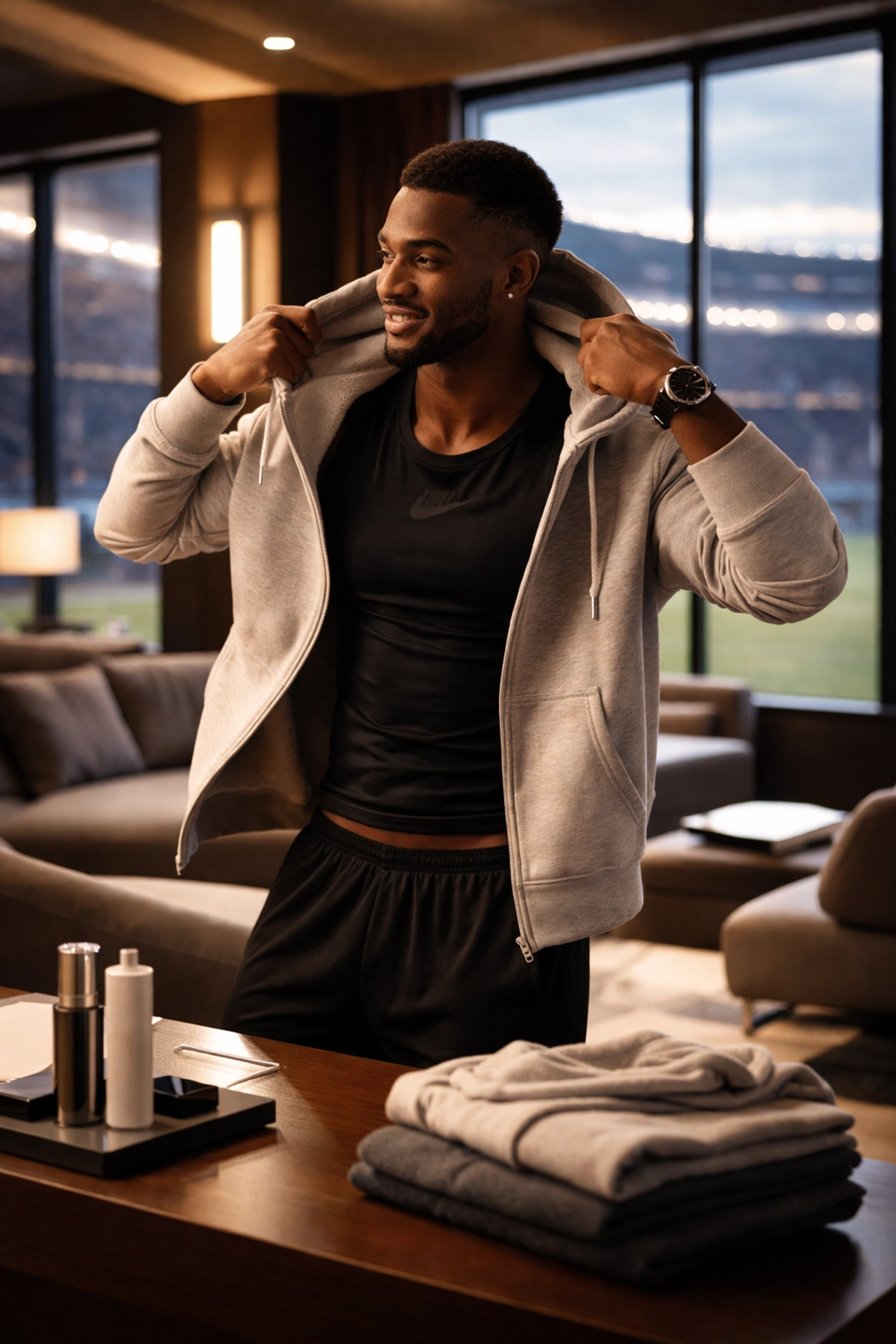 Professional athlete relaxing in clubhouse with premium hoodie and skincare, showcasing locker room product placement benefits