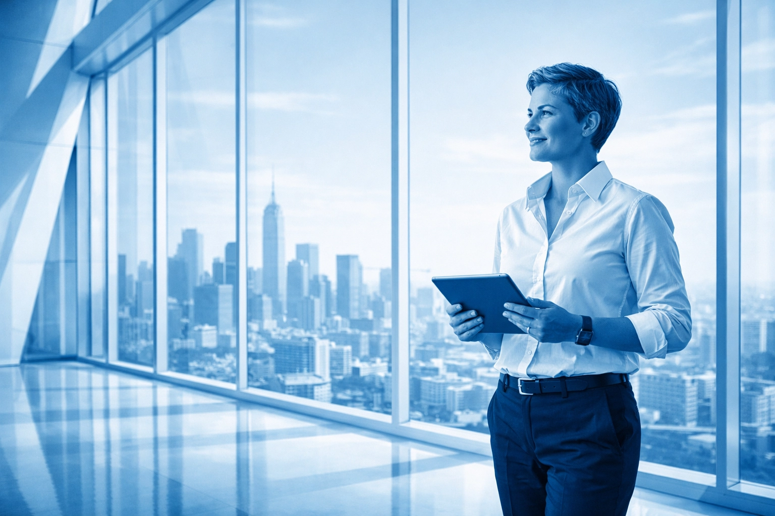 Confident business owner overlooking a city, enjoying the peace of mind provided by reliable managed IT support.