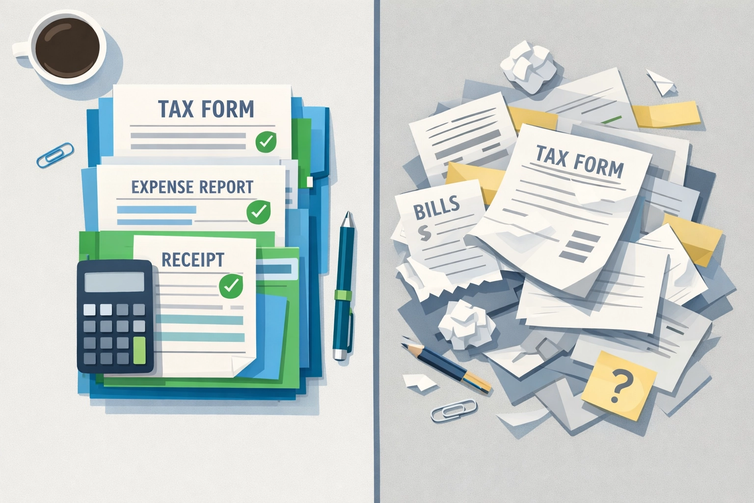 Organized tax documents vs disorganized papers showing itemized deduction preparation for 2026 tax planning