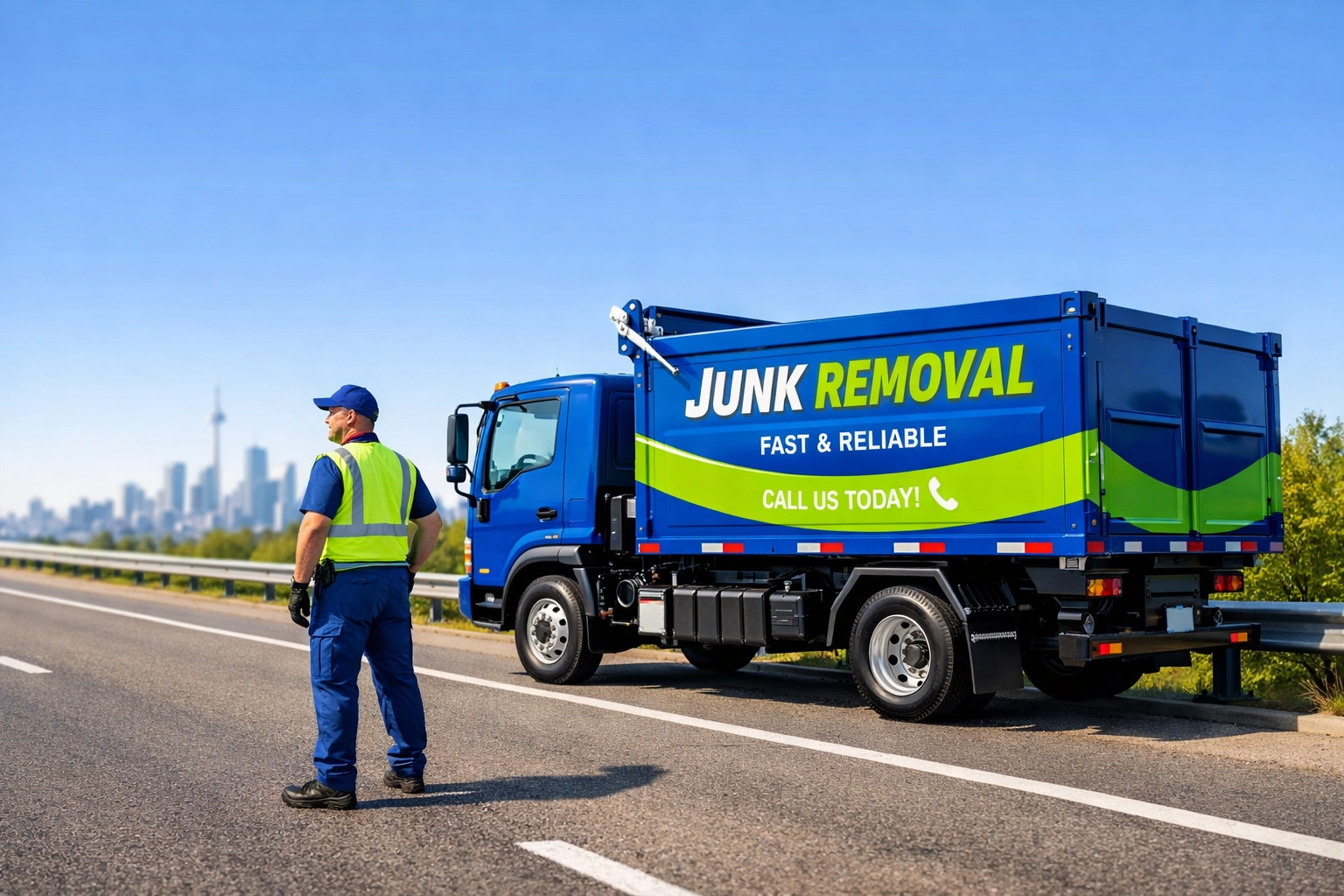 Why Ontario’s Landfill Crisis Will Change the Way You Handle Waste A professional Junk GTA removal truck and uniformed worker on an Ontario highway with the Toronto skyline.
