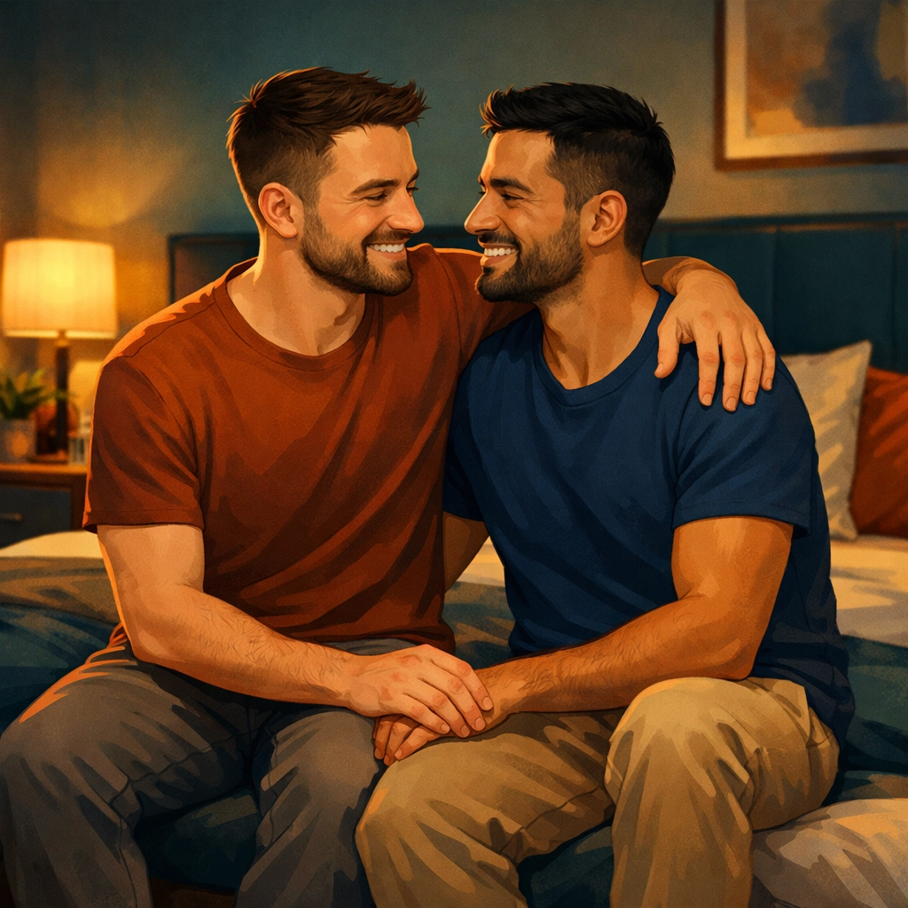 Gay couple sitting together showing trust and emotional intimacy in relationship
