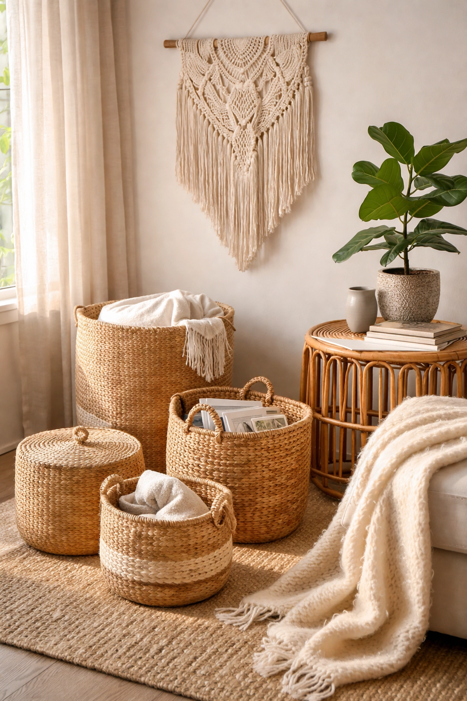 Handwoven jute baskets, macramé wall hanging, and rattan table with plant in a sunlit living room