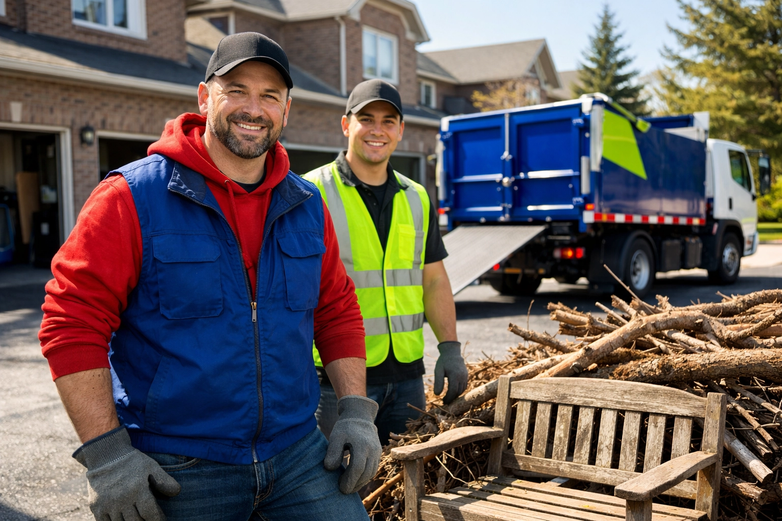 Junk GTA team performing seasonal debris removal in Aurora, clearing yard waste and fallen branches from a driveway.