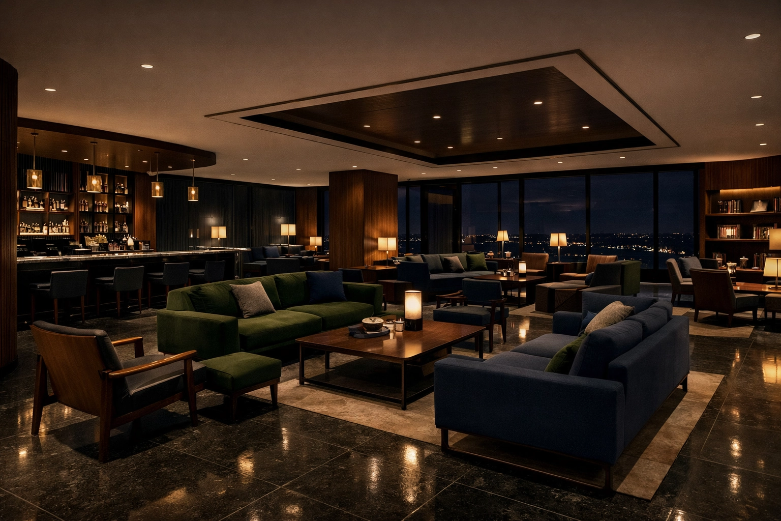 A quiet, sophisticated hotel lounge at night representing efficient automated night audit reporting.