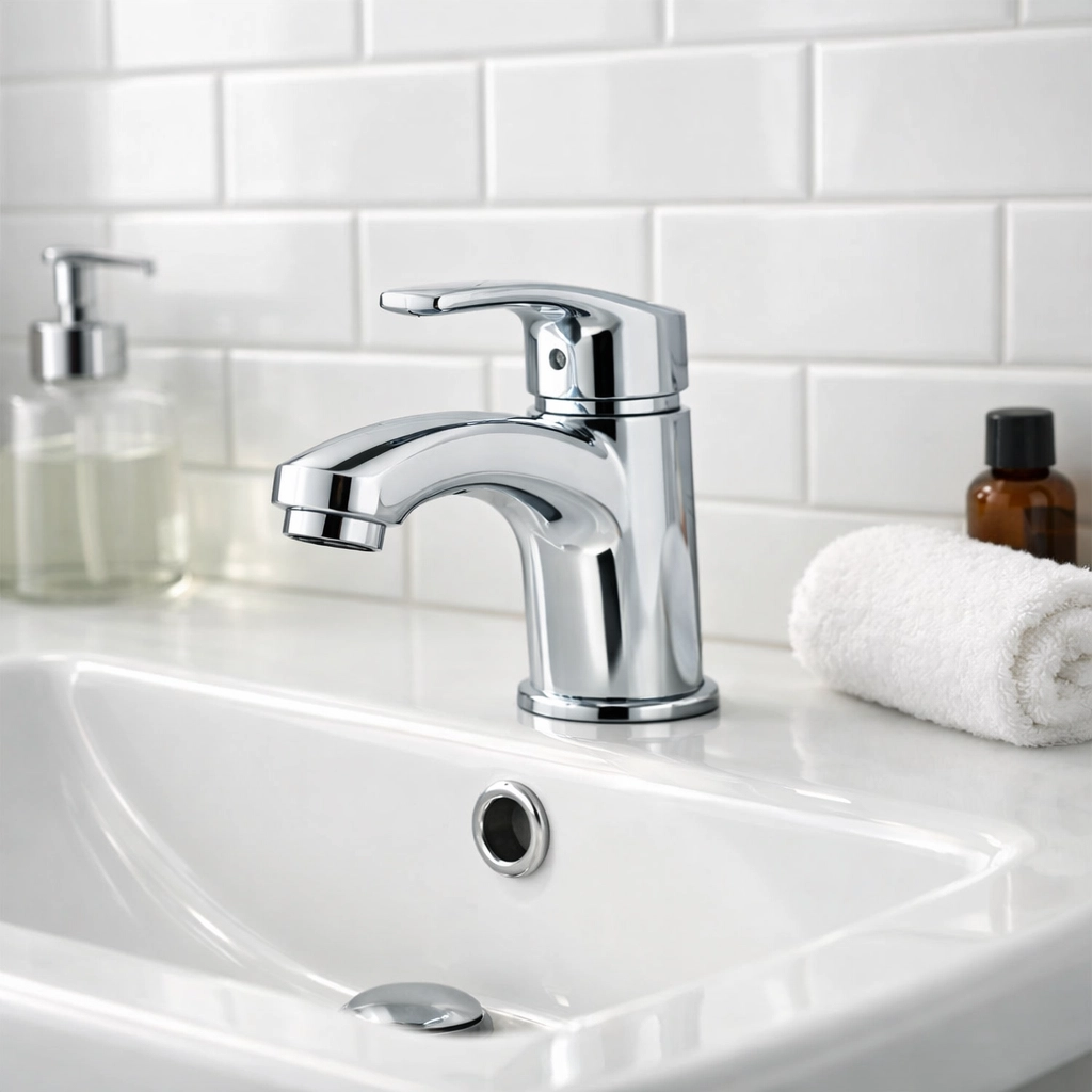Deep-cleaned bathroom vanity in a Detroit apartment featuring sparkling chrome fixtures and white subway tile.