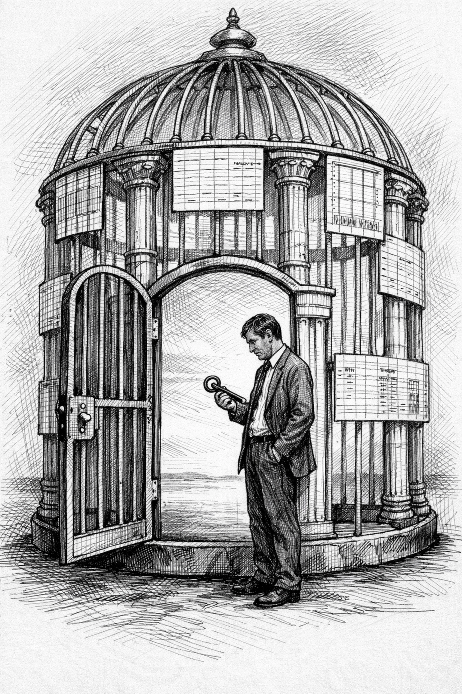 Metaphorical sketch of a business owner holding the key to exit a cage made of office columns and spreadsheets.