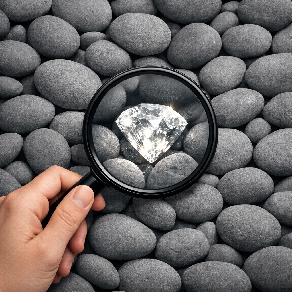 Magnifying glass uncovering a diamond among stones representing hidden deals found within a real estate CRM.