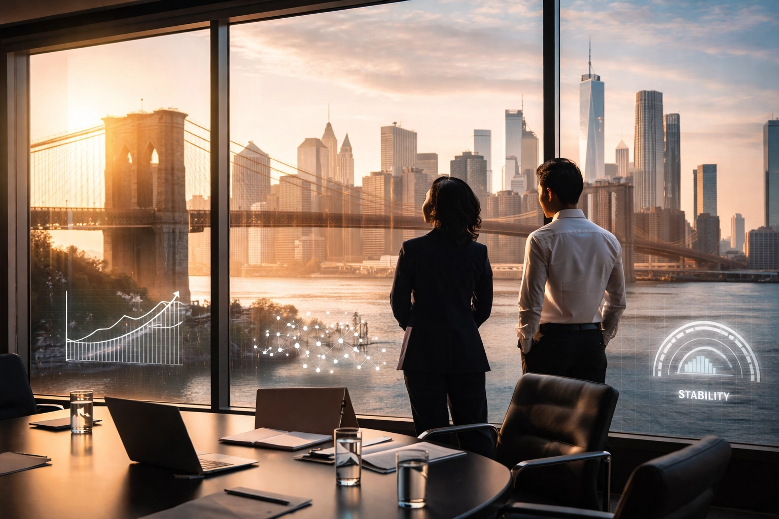 Two business leaders in a modern boardroom overlook the Brooklyn Bridge, symbolizing organizational resilience in turbulent markets.